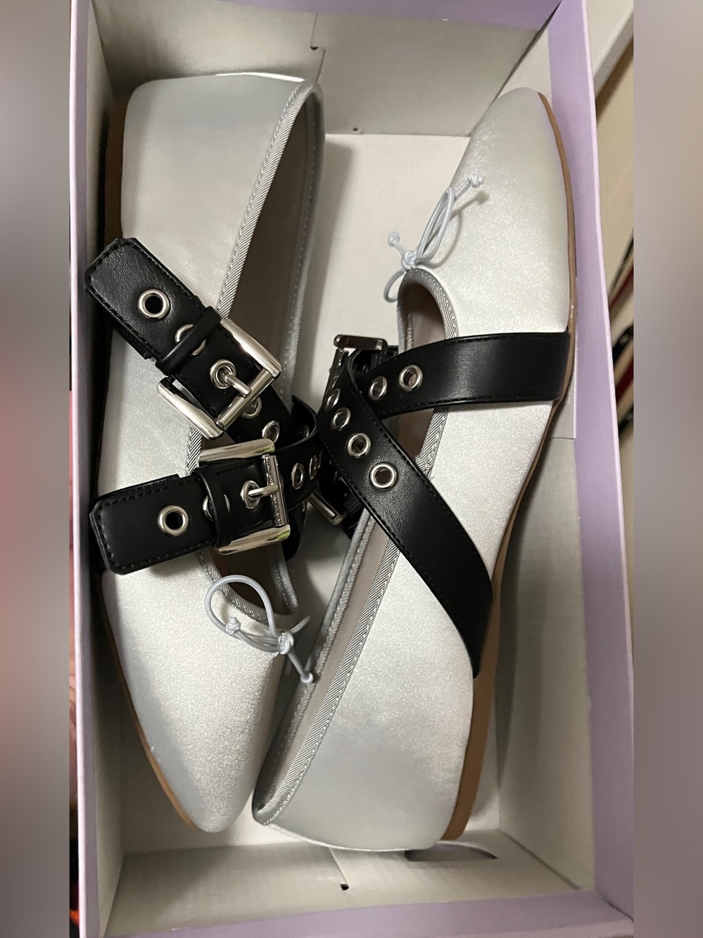 Madden Girl Baby Blue Ballet Flats with Black Grommet Crossover Straps
